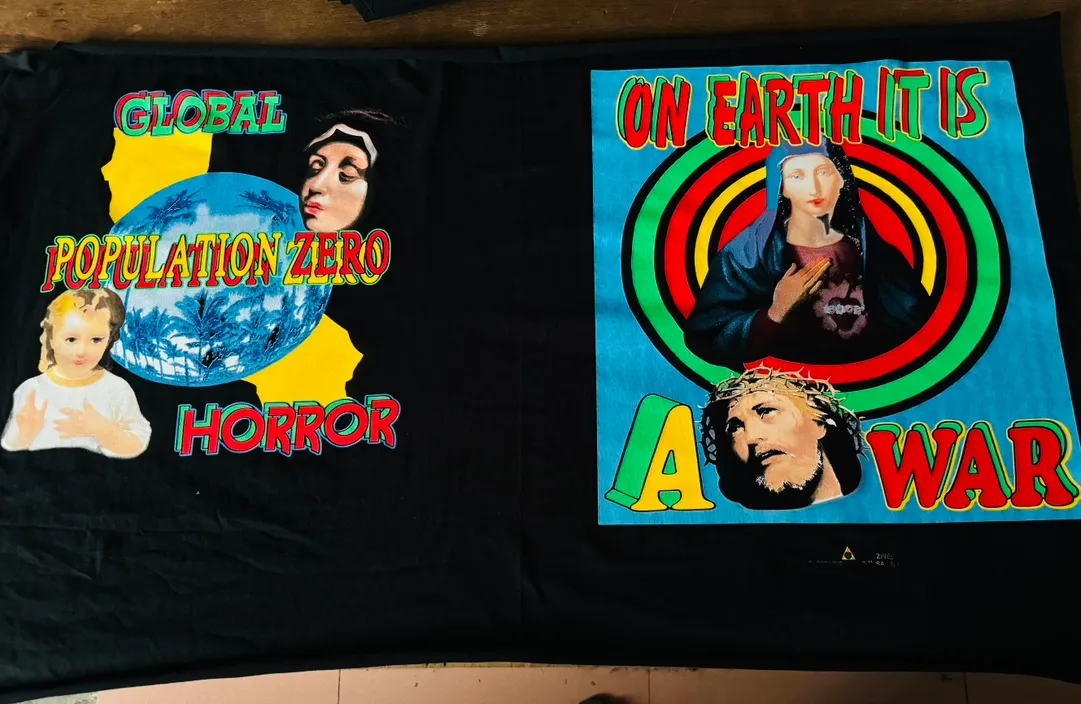Workshop materials SAINT MICHAEL SS TEE/ON EARTH/BLK Jesus, Mary, Holy Infant Earth TEE Ready-made garments Aso special piece dyeing Washing and distressing Vintage technology Front and rear super complex super large printing Top purchasing technology
